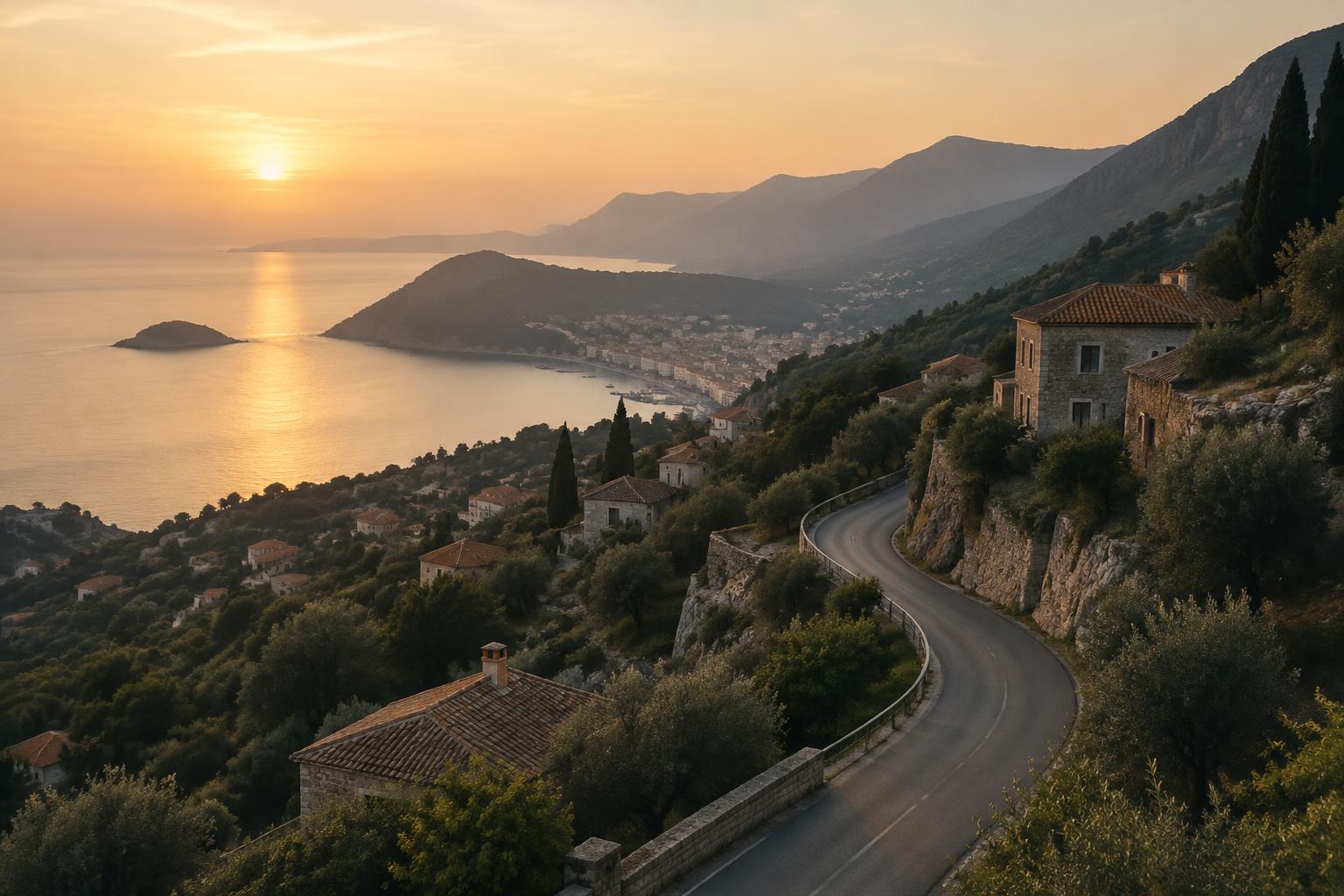 Strada panoramica fra gli ulivi al tramonto